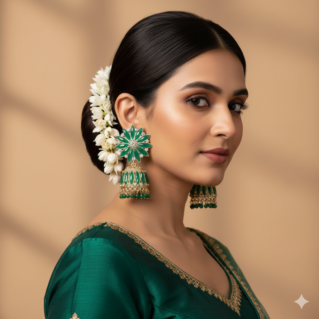 The Emerald Bloom Jhumka Earrings