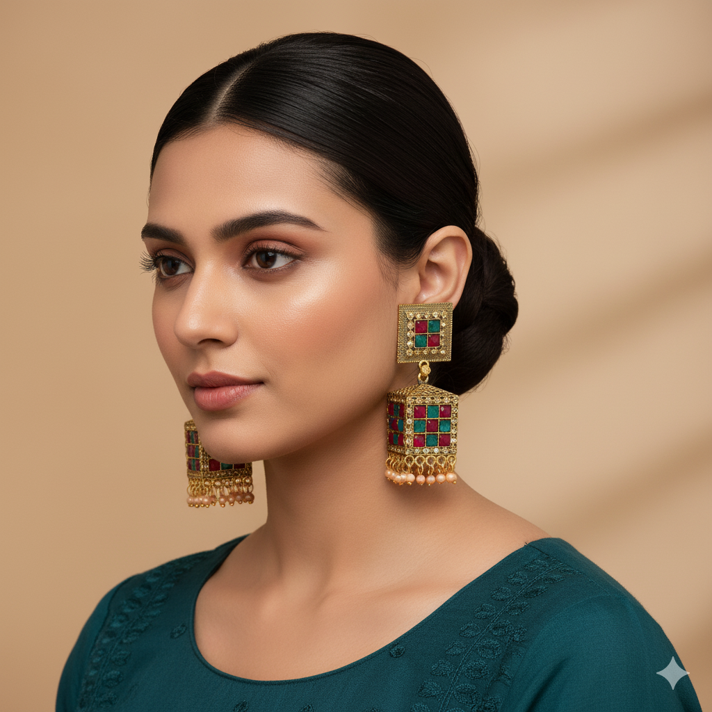 The Emerald Mosaic Square Jhumka Earrings