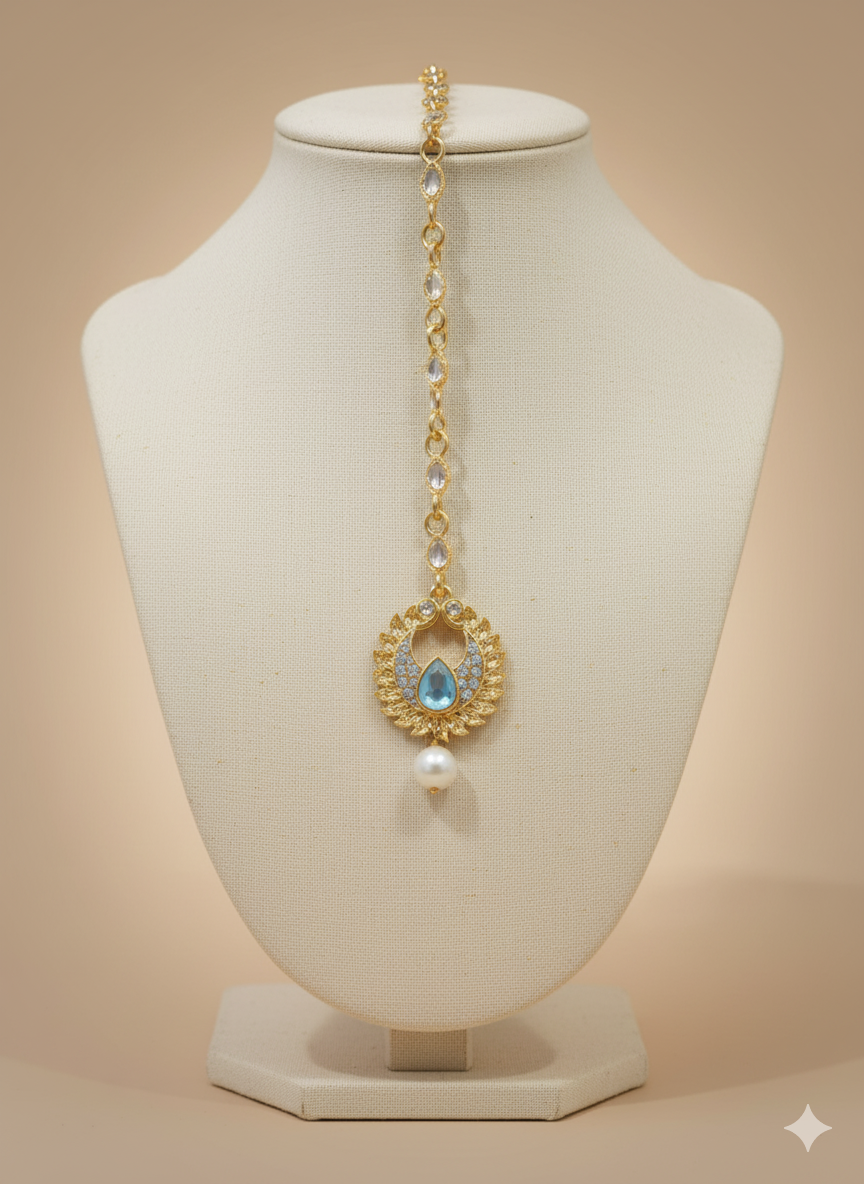 The Aquamarine Drop Maang Tikka with Pearls