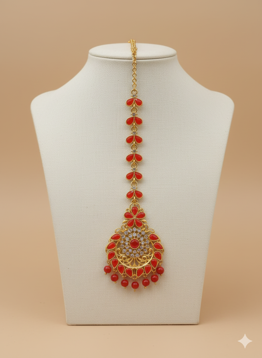 Elegant Peach Pearl & Kundan Maang Tikka
