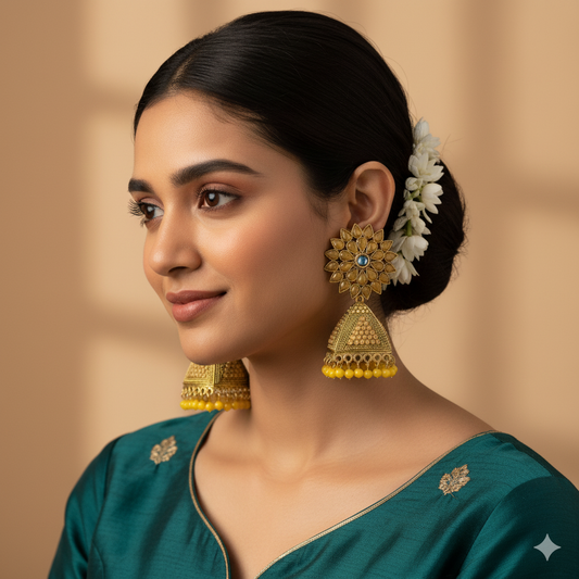 The Antique Gold Floral Jhumka Earrings