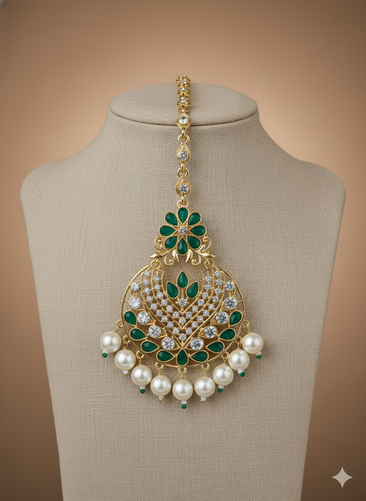 The Emerald & Pearl Chandbali Maang Tikka